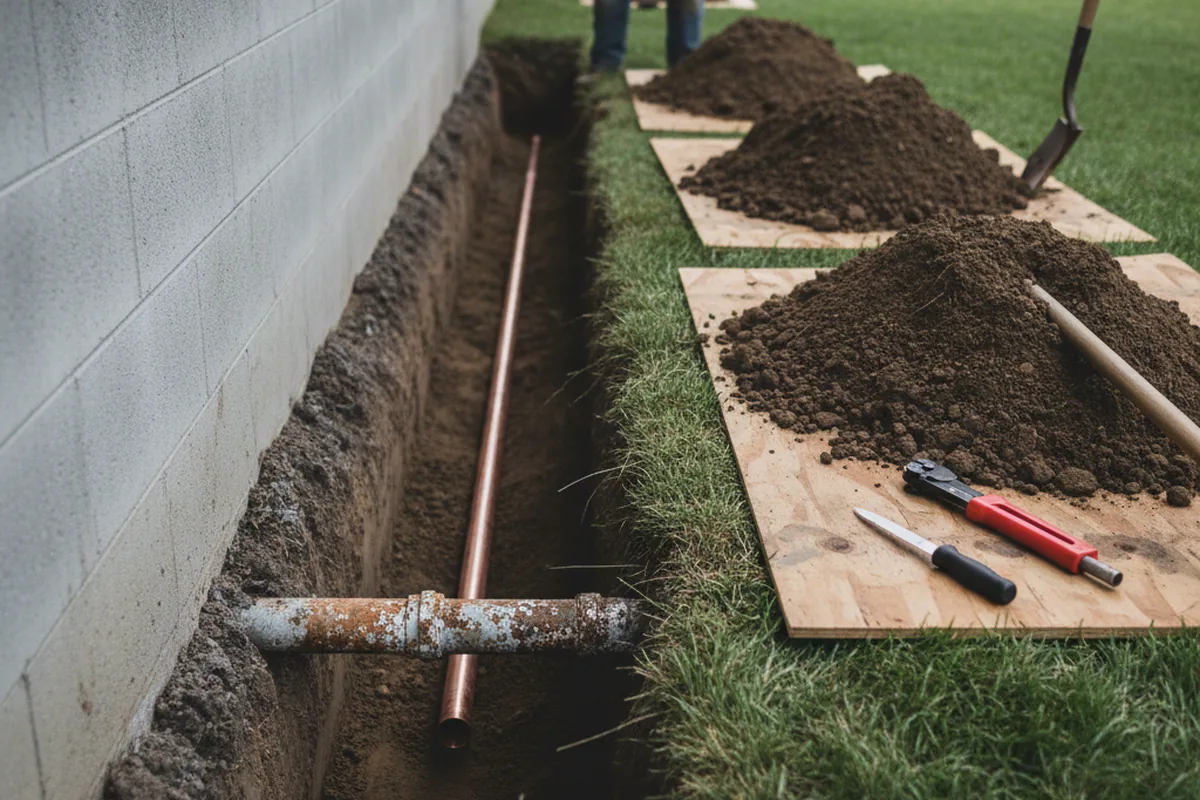 Excavated water line trench during Water Softener Installation in Rowland Heights